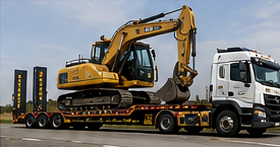 Low-bed truck transporting construction machinery for specialised freight logistics